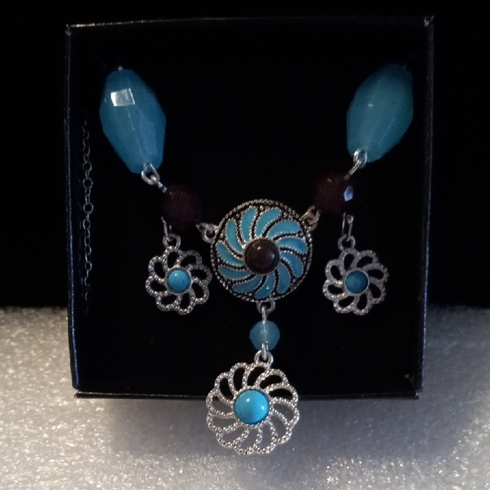 Avon. NIB. Elegant turquoise Blue and Silver Necklace and earring set.